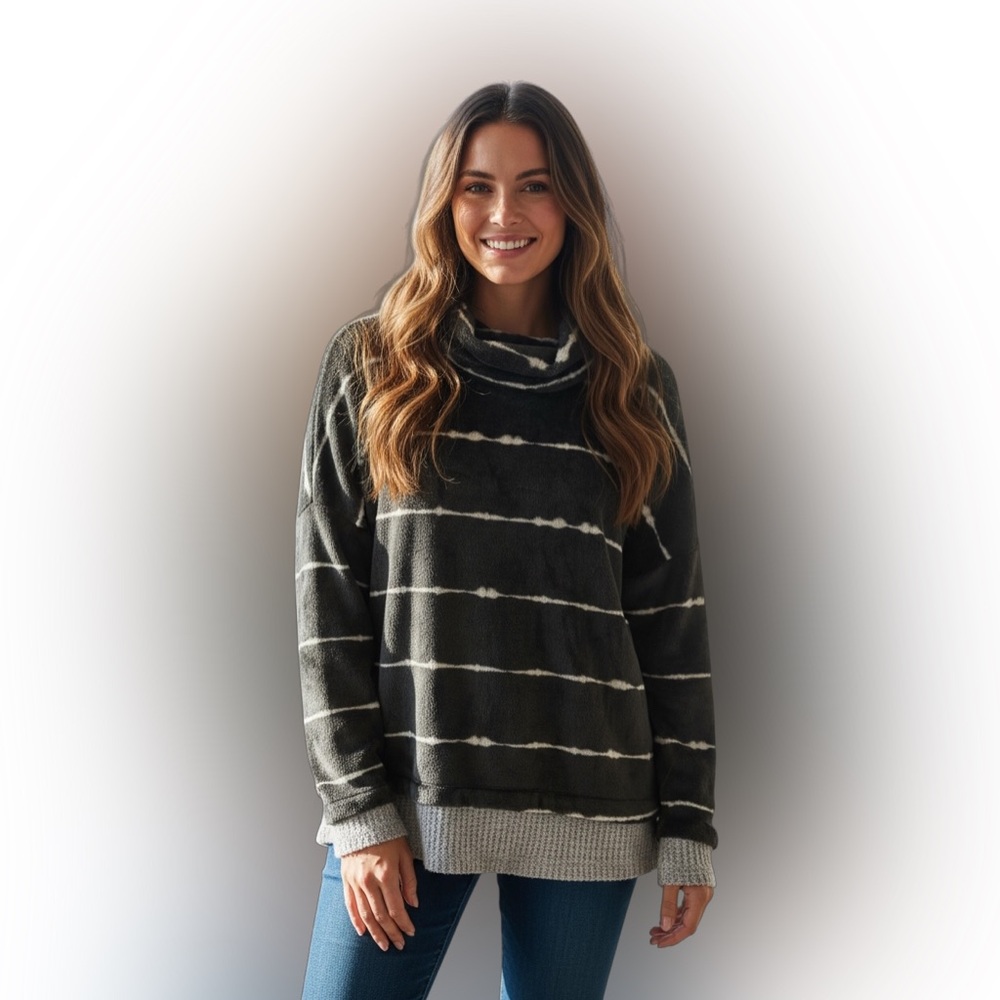 Como Vintage Chic Black and White Striped Cowl Neck Sweater